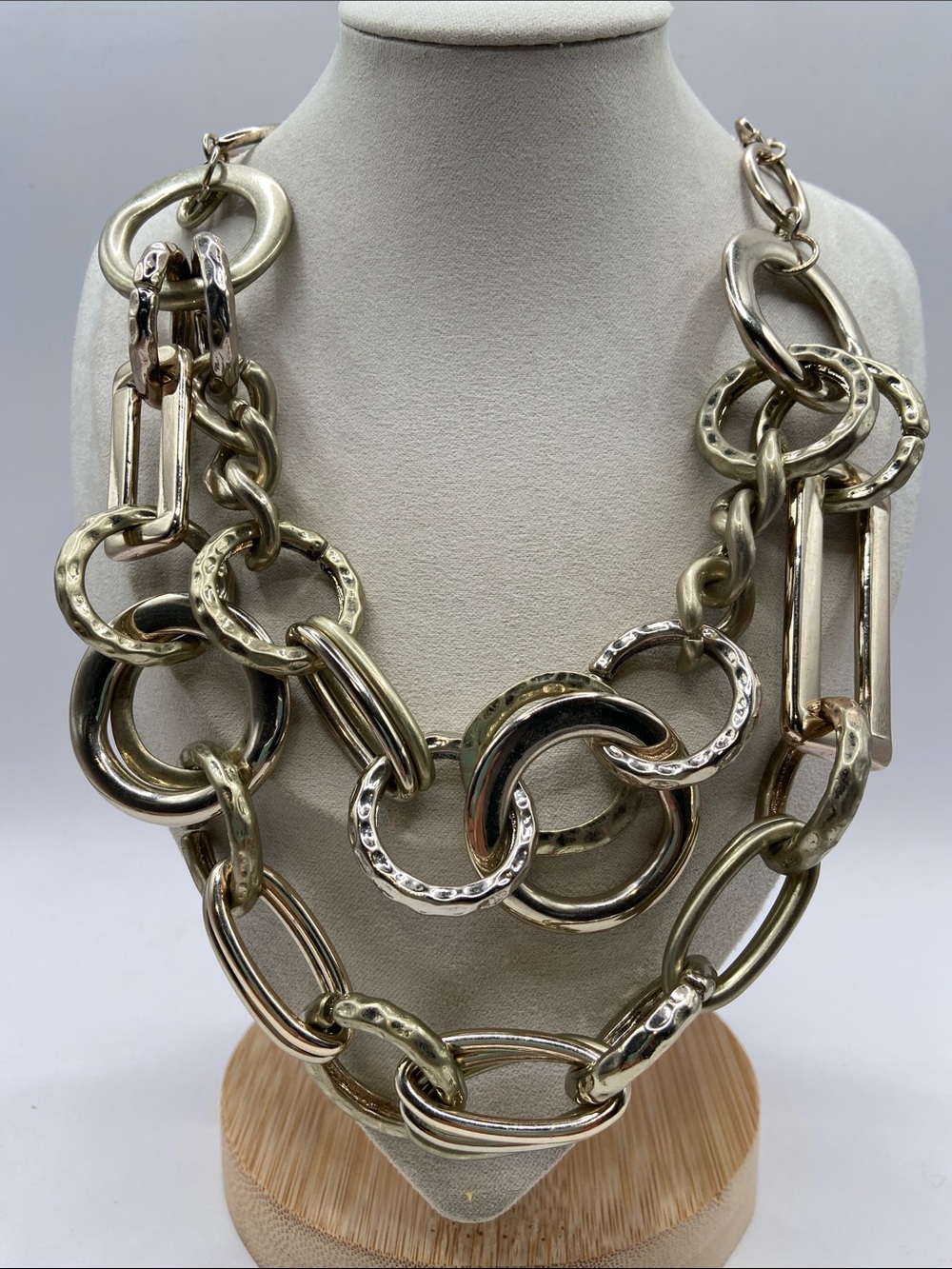 Susan Graver Double Strand Chunky Geometric Link Gold Tone Necklace 20”L